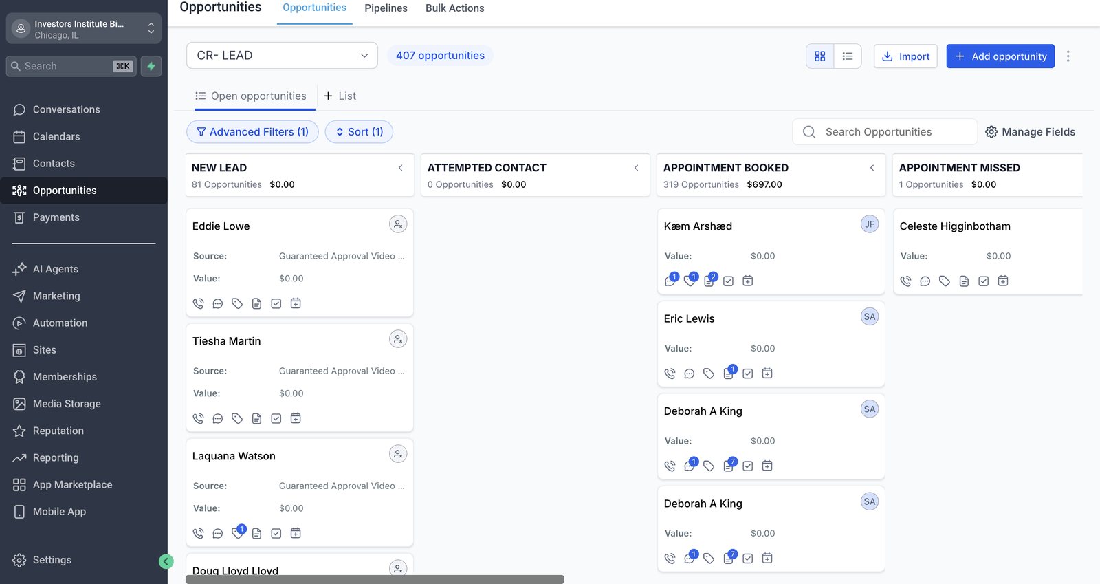 Live client CRM pipeline showing 319 appointments booked
