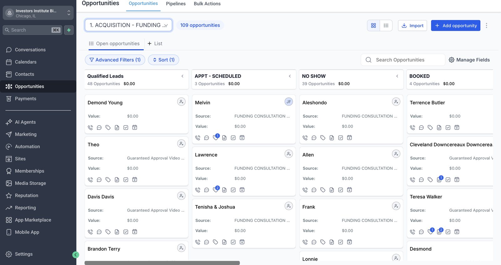Funding acquisition pipeline with qualified, scheduled and booked stages